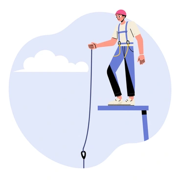 A bungee jumper stands on a platform, wearing a bright red helmet and a safety harness. The jumper is crouched slightly, looking down at the ground below with focused determination. A sturdy bungee cord stretches from the platform to a point far below, and a shiny metal carabiner connects the jumper’s harness to the cord. The jumper’s arms are slightly outstretched, ready to take the leap into the open air. The background features a blue sky with a few fluffy clouds.