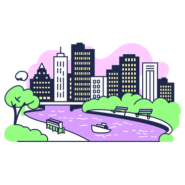 A city skyline at dusk is visible, featuring a variety of tall buildings with distinct architectural styles. The buildings have numerous windows that are illuminated with glowing lights, creating a vibrant effect. Below, a calm river reflects the skyline, capturing the lights and shapes of the buildings in its surface. The river is flanked by a pathway, which has a few benches along the edge, facing the water. A small boat is gently floating on the river, adding a sense of movement to the scene.