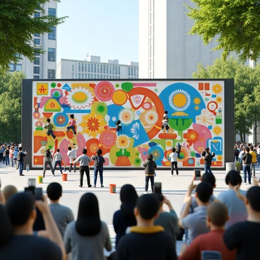 An elaborate mural being painted on a large city wall, showcasing a variety of vibrant prints. The mural includes an array of colors such as bright reds, blues, greens, and yellows, creating a lively visual impact. Various elements in the mural depict abstract shapes, floral patterns, and dynamic figures that seem to leap off the wall. Artists are actively engaged in painting, using large brushes and spray cans. In the foreground, buckets of paint and brushes are scattered around, while a crowd of onlookers observes the creative process, capturing the scene on their smartphones. The urban environment is visible, with buildings and trees framing the backdrop of the mural.