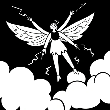 A fairy with intricate wings resembling lightning bolts is flying through dense storm clouds. The wings are detailed with sharp angles and patterns that evoke a sense of energy. Dark, billowing clouds swirl around her, creating a dramatic backdrop. In the foreground, small sparks of electricity arc from her wings into the surrounding atmosphere. The scene conveys a sense of motion as the fairy navigates through the turbulent weather.