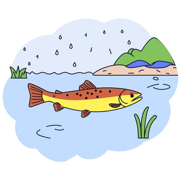 A brown trout with distinctive dark spots on its golden-brown body is swimming gracefully through a clear river. The water has ripples caused by gentle raindrops falling from a gray sky, creating small concentric circles on the surface. Lush green aquatic plants sway in the current around the trout, and the riverbed is visible with smooth pebbles and sand. The overall atmosphere is tranquil, highlighted by soft light filtering through the rain clouds.