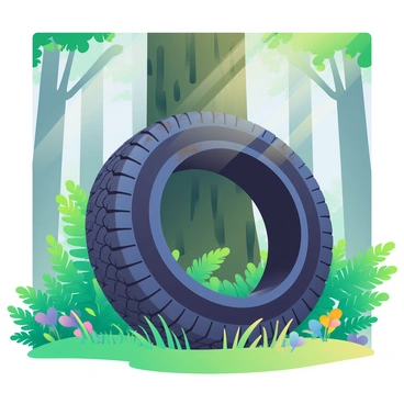 A motorcycle tire is resting against the thick trunk of a tree in a lush forest. The tire is black with intricate tread patterns and has some dirt and mud on its surface. Surrounding the tire, vibrant green ferns and tall grass cover the forest floor. Sunlight filters through the canopy above, casting dappled light onto the tire and tree. In the background, various tree trunks with rough bark and patches of moss add depth to the scene. A few scattered wildflowers in shades of purple and yellow can be seen among the foliage.