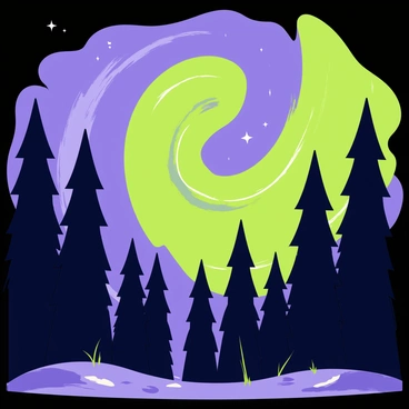 A vibrant aurora with swirling green and purple colors illuminates the night sky. Below, a dense forest canopy is visible, with tall, dark green trees silhouetted against the colorful light. The ground is lightly covered with patches of grass and small rocks, reflecting the aurora's glow. Small stars twinkle in the clear night sky, adding a touch of sparkle to the scene.