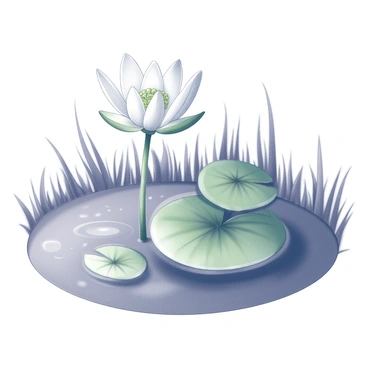 A peace lily with broad, glossy green leaves sits prominently atop a large lilypad. The lilypad has a smooth surface and a rounded shape, gently floating on the water's surface. The pond is surrounded by a border of reeds and grasses, creating a natural frame. Reflections of the lily and lilypad shimmer lightly on the water, enhancing the tranquil atmosphere of the scene.