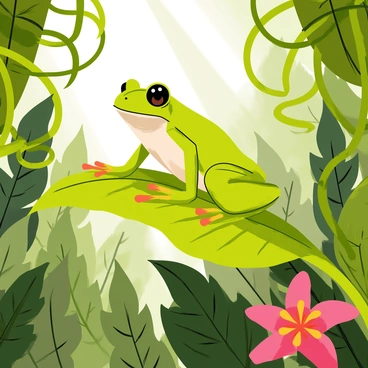 A bright green tree frog with vivid skin texture perched on a large, vibrant green leaf. The frog's big eyes are wide open, reflecting the light filtering through the dense foliage. Surrounding the leaf are various shades of green plants and thick vines, creating a lush backdrop. Dappled sunlight creates patches of light and shadow on the leaf and the frog. In the background, hints of tropical flowers can be seen, adding pops of color to the scene. The air appears thick with moisture, emphasizing the humid atmosphere of the tropical forest.