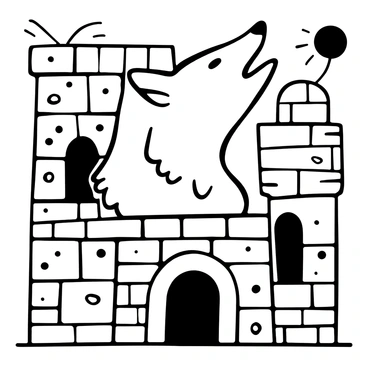 A detailed illustration of a wolf's head prominently featured on a textured brick wall. The wolf's head is outlined with bold lines, showcasing its fierce and striking features. The wall is decorated with abstract shapes and patterns surrounding the wolf, emphasizing its presence. The brick texture is visible, highlighting the roughness of the wall, while the overall composition conveys an energetic atmosphere.