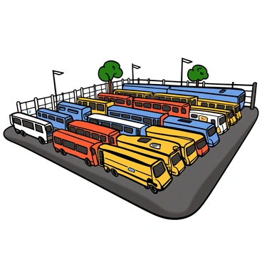A fleet of colorful buses in various shades of blue, red, and yellow parked in neat rows at a large bus depot. Each bus is clearly marked with distinctive numbers and logos. The depot has a spacious asphalt lot, surrounded by tall metal fences and a few green trees in the background. Bright sunlight casts shadows from the buses onto the ground, creating a lively scene of organized transportation.