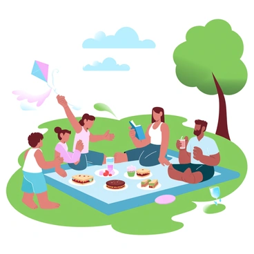 A family is enjoying a picnic in a sunny park. The vibrant green grass is dotted with colorful picnic blankets. A spread of food, including sandwiches, fruits, and drinks, is laid out on one of the blankets. Children are playing nearby, one is flying a bright kite while another is tossing a frisbee back and forth. The parents are seated on the blanket, with one reading a book and the other sipping a drink. Trees in the background provide shade, and a clear blue sky is visible overhead.