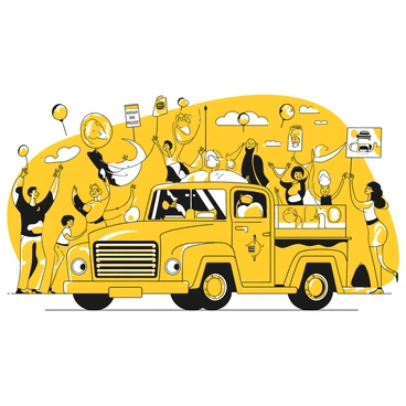 A brown truck adorned with colorful decorations is driving down a street in a bustling town parade. The truck is filled with vibrant banners, balloons, and streamers fluttering in the breeze. People line the sides of the street, waving and cheering as the truck passes by. Some are holding up signs with festive messages, while children are reaching out excitedly towards the truck. Behind the truck, a group of performers in bright costumes dances energetically, adding to the lively atmosphere of the celebration. The scene is filled with joy and excitement, capturing the spirit of the festive event.