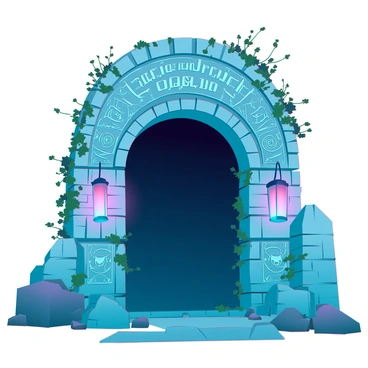 The entrance to a forgotten crypt, featuring a large, arched doorway made of ancient stone. The stones are covered in elaborate carvings depicting mythical creatures and swirling patterns. Ivy and moss grow around the edges, partially obscuring the details. The atmosphere is dim, with shadows cast by flickering lights from nearby futuristic lanterns that illuminate the entrance. Above the archway, there is an inscription in an unknown language, etched deeply into the stone. The ground is uneven, with scattered rocks and remnants of age.