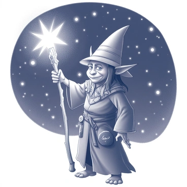 A goblin wizard is standing with a bent posture, wearing a tattered robe adorned with various symbols and patches. His elongated ears protrude from beneath a pointed hat that is slightly askew. The goblin's hands are raised, wielding a staff that emits a bright, glowing light at its tip. The staff has intricate carvings and is made of gnarled wood. Above him, a starry sky is filled with numerous stars twinkling against a dark background, creating a sense of depth and magic. The goblin's expression conveys focus and determination as he channels his energy into the spell.