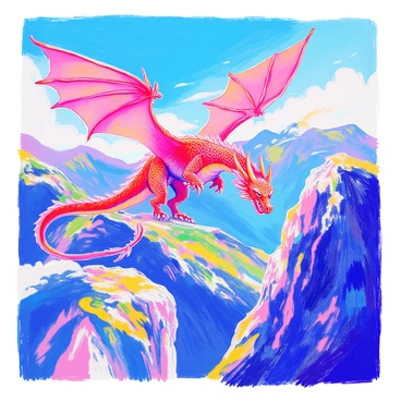 A red dragon with shimmering scales is soaring high above rugged mountains. Its large wings are outstretched, revealing intricate patterns in the membrane. The dragon's eyes are sharp and fierce, glinting in the sunlight. Below, the mountains are jagged and steep, covered with patches of green grass and rocky outcrops. The sky is a vivid blue, with a few fluffy white clouds scattered around. The dragon leaves a trail of wispy clouds in its wake as it glides through the air.