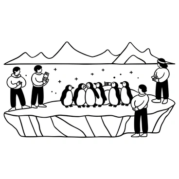 A group of researchers in winter clothing, equipped with binoculars and notebooks, are observing a colony of penguins on an expansive Antarctic ice shelf. The ice is rugged and textured, with jagged edges and a smooth surface reflecting light. Several penguins are huddled together, displaying their distinctive black and white plumage. In the background, a vast expanse of ice stretches into the distance, with mountains rising majestically. There are scattered snowflakes falling gently around the scene, adding to the chilly atmosphere. The researchers are positioned at a safe distance, capturing notes and taking photographs of the penguins.