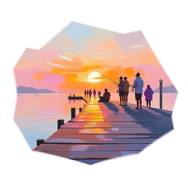 A flat design illustration of a pier extending into a calm body of water, bathed in the warm hues of sunset. The sun is low on the horizon, casting an orange and pink gradient across the sky. Silhouettes of several people are seen at various points along the pier, some standing and others sitting, all engaged in fishing. The calm water reflects the colors of the sunset, with gentle ripples adding texture to the scene. The pier is wooden, with visible planks and posts, completing the tranquil atmosphere of the setting.
