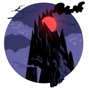 A red Eye of Sauron is glowing ominously atop a tall, dark tower known as Barad-dûr. The tower is made of jagged stone and rises sharply into the dark sky, surrounded by swirling clouds. The glowing eye pulsates with a fierce intensity, casting a warm orange light that contrasts against the shadowy architecture of the tower. Dark tendrils of smoke rise from the top of the tower, blending into the ominous atmosphere. The scene conveys a sense of foreboding and power, with the eye being the focal point of the image.