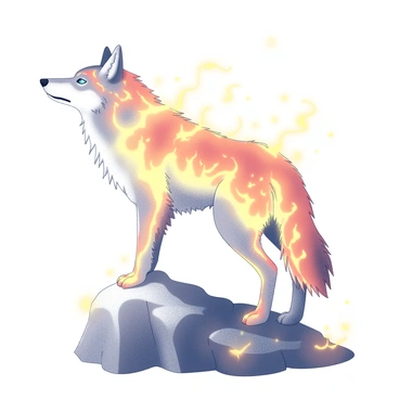 A wolf standing on a rocky terrain. Its body is composed of bright, swirling flames that flicker and dance, creating an illusion of movement. The wolf's eyes are intense and icy, resembling frozen crystals that contrast sharply with the fiery form. The surrounding area shows signs of heat distortion, with small waves of warmth rising from the ground. The wolf gazes forward, exuding an aura of power and mystery.