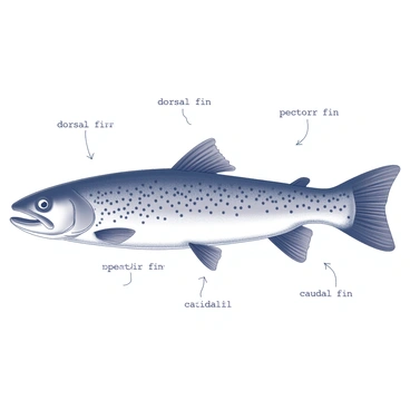 A brook trout is positioned in the center of the image, showcasing its distinctive shape. The fish displays a speckled pattern across its body, with clear outlines of the fins and tail. Surrounding the trout, there are labeled annotations pointing to specific features, such as "dorsal fin," "pectoral fin," and "caudal fin." Each label is presented in a clear, readable font. The background is simple, ensuring the focus remains on the trout and its scientific details. The overall composition has a nostalgic feel, reminiscent of classic biology illustrations.