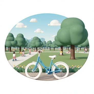 A bicycle, painted blue with a white seat and brown handlebars, is leaning against a wooden hook in a sunny park. The park is filled with vibrant green grass and tall trees casting soft shadows. In the background, people are sitting on picnic blankets, some are playing frisbee, and others are walking along the pathways. A couple of children can be seen riding scooters nearby, while a person is walking a small dog. Brightly colored flowers are blooming along the edges of the park, adding splashes of color to the scene. The sky is clear with a few fluffy white clouds scattered throughout.
