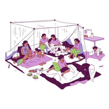 An emergency shelter is filled with families displaced by a calamity. Various groups of people, including parents with children, are seated on makeshift bedding made from blankets and cushions. The bedding is spread across the floor and creates distinct resting areas for each family. Children are playing quietly with a few toys scattered around, while adults are engaged in conversations, displaying a range of emotions from concern to determination. In one corner, a small table holds basic supplies such as water bottles and food containers. The atmosphere reflects resilience amidst the challenging circumstances.