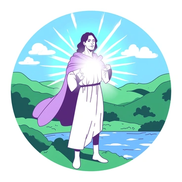 A guardian of light is standing tall with a radiant aura surrounding them. The aura emits bright beams, illuminating the area around the guardian. The guardian is wearing a flowing robe that billows gently in the breeze, and their face is determined, showing strength and bravery. In the background, there is a serene landscape with lush green hills and a clear blue sky. Soft white clouds drift lazily above, and a gentle river meanders through the foreground, reflecting the guardian's light.