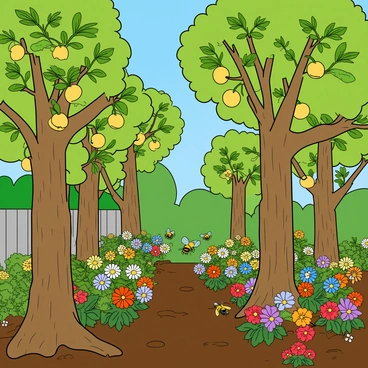 A vibrant garden filled with lush greenery and colorful flowers. In the center, there are several sturdy birne trees, their branches heavy with ripe, yellow fruits that glisten in the sunlight. The trees have thick, textured bark and broad leaves providing shade. Buzzing bees flit from flower to flower, their tiny bodies collecting nectar. The ground is covered with rich, dark soil and scattered patches of vibrant blooms in various colors, enhancing the lively atmosphere of the garden. In the distance, a bright blue sky completes the scene.