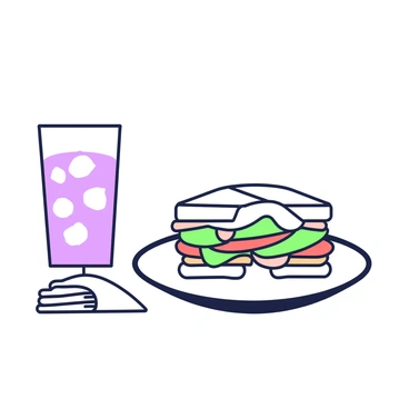 A sandwich is placed on a white plate, cut into four equal triangular sections. Three of the sections remain on the plate, while one section is taken out, leaving a visible gap. The sandwich contains layers of lettuce, tomato, and turkey, with the bread featuring a light texture. Next to the plate, there is a small stack of napkins. A glass of water with ice sits on the side, adding a refreshing element to the scene. The focus is on the sandwich, highlighting the concept of 4/3 through the missing section.