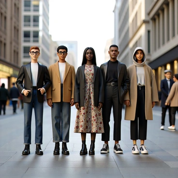 A stylish muster of models displaying diverse fashion styles on a city street