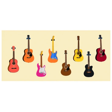 A wall display featuring multiple guitars arranged in a visually appealing manner. The guitars showcase various shapes, including classic, electric, and acoustic styles. Each guitar is adorned with unique designs, such as colorful patterns, intricate wood grain, and shiny metallic finishes. The wall is painted a soft neutral color, allowing the vibrant guitars to stand out prominently. Some guitars are hung vertically, while others are positioned at an angle, creating a dynamic composition.