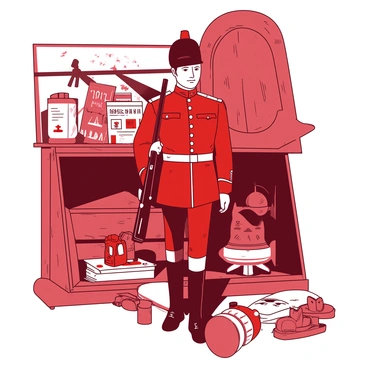 A red vintage toy soldier, dressed in a classic uniform with fine details, stands proudly on a weathered wooden shelf. The soldier is posed in a marching stance, with a shiny black toy rifle slung over one shoulder. Surrounding the soldier, there are various other antique toys and trinkets that evoke a sense of nostalgia. The wood of the shelf has visible grain patterns and a rustic finish, adding character to the display. The lighting casts gentle shadows, enhancing the textures of the soldier and the wooden surface.