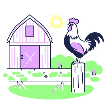 A rooster with vibrant feathers is perched on a wooden fence post, crowing as the sun begins to rise. The rooster's feathers display a mix of rich hues. In the background, a barn is visible with a simple design, featuring a large door and a pitched roof. The dawn light creates a soft glow, illuminating the rooster and the barn in the early morning scene. The fence post is sturdy and weathered, standing in a grassy area with a few scattered wildflowers.