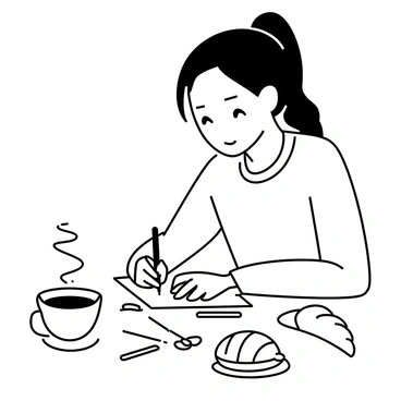 An artist sketching in a notebook during fika, with coffee and pastries on the table