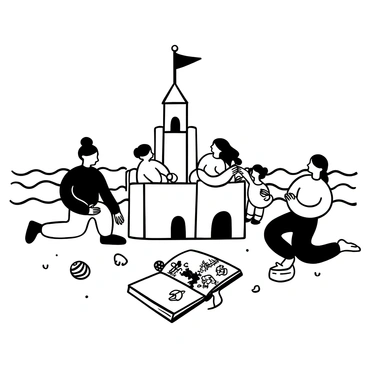 A family of four is gathered on a sandy beach, working together to build a large sandcastle adorned with turrets and flags. The parents are kneeling beside their children, who are excitedly shaping the sand with their hands and small plastic tools. Nearby, an open book lies on the sand, its pages flapping slightly in the breeze. The book depicts an illustrated seaside adventure, with images of various sea creatures and beach activities. In the background, gentle waves roll onto the shore, and a few seashells are scattered around the sandcastle.
