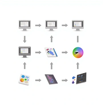 A step-by-step illustration showing the creation of vector art using Adobe Illustrator tools. The first step features a computer screen displaying Adobe Illustrator with a blank canvas. The second step shows the use of the "Pen Tool" being activated, with the cursor hovering over the canvas. The third step illustrates a color palette with various colors being selected. The fourth step depicts shapes being drawn with the "Shape Tool," including circles and rectangles. The fifth step presents the "Selection Tool" being used to manipulate the shapes on the canvas. The final step displays a completed vector art piece with vibrant colors and intricate designs, alongside the Adobe Illustrator interface. Each stage is clearly labeled with arrows indicating the progression from one step to the next.