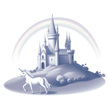 A large castle with tall spires and intricately designed towers is situated at the peak of a grassy hill. The castle is constructed from stone, featuring arched windows and a grand entrance. Rolling hills extend from the base of the castle, leading into a landscape dotted with whimsical trees. In the foreground, a single unicorn stands gracefully, with a flowing mane and a spiral horn. The sky is filled with multiple rainbows arching across the horizon, creating a vibrant backdrop against the castle.