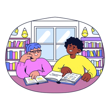 A student with short hair and glasses is sitting at a wooden table in a cozy library. The student is holding an open book with colorful illustrations. Next to the student is a smiling tutor with curly hair, wearing a bright sweater, pointing to a word in the book. The library has shelves filled with various books in the background, and there are warm light fixtures illuminating the space. A large window lets in soft sunlight, creating a welcoming atmosphere.