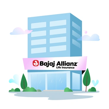 An office building with a modern architectural design stands tall against a clear sky. The structure features large glass windows reflecting sunlight. A vibrant "Bajaj Allianz Life Insurance" banner is prominently displayed across the front of the building. The banner is positioned centrally, catching the attention of passersby. Surrounding the building are neatly landscaped gardens with green shrubs and small trees, adding a touch of nature to the urban setting.