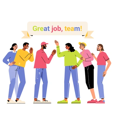 A group of five diverse people, including individuals of different ethnicities and genders, are high-fiving each other. They are smiling and celebrating a sense of achievement. In the background, there is a bright, colorful banner that reads "Great job, team!" in bold letters. The scene conveys a lively and positive atmosphere, with each person wearing casual clothing in various vibrant colors.