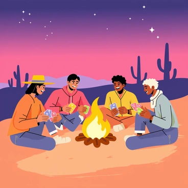 A group of four travelers is seated in a circle around a campfire in a desert landscape during dusk. The campfire emits a warm orange glow, illuminating their faces and casting flickering shadows on the sandy ground. Each traveler holds colorful playing cards, displaying different suits and numbers. The sky above is a gradient of deep purple and pink, with a few stars beginning to twinkle. Cacti and sparse desert vegetation are visible in the background, silhouetted against the vibrant sky. One traveler wears a wide-brimmed hat, while another has a light scarf wrapped around their neck. The atmosphere is lively as they share laughs and enjoy their game.