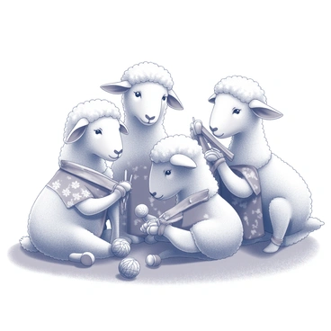 A group of sheep sitting closely together on soft grass. Each sheep has distinct wool textures, with variations in fluffiness and patterns. The sheep are engaged in knitting cozy blankets, with their hooves skillfully holding knitting needles. Some blankets feature intricate vintage patterns like floral designs and geometric shapes. The scene captures a sense of camaraderie among the sheep, as they exchange smiles and enjoy their crafting activity. Surrounding them are small knitting supplies, such as yarn balls in various textures and shades.