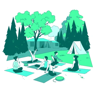 A teal wellness retreat setting is surrounded by lush green foliage and tall trees. In the foreground, a group of individuals, labeled as "parolees," are practicing yoga together on vibrant blue mats. Some are performing tree poses while others are sitting cross-legged, engaged in meditation. Soft cushions in shades of teal and blue are scattered around them for comfort, and gentle sunlight filters through the branches, creating a tranquil atmosphere. In the background, there are small white tents set up, providing shaded areas for relaxation.