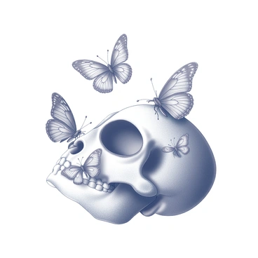 A realistic depiction of a cat skull placed on a flat surface. The skull is facing forward, showcasing its hollow eye sockets. Several butterflies are perched delicately on the edges of the eye sockets, with their wings open, revealing intricate patterns. The butterflies vary in size, creating a dynamic composition. The setting is minimalistic, focusing on the contrast between the skeletal structure and the delicate presence of the butterflies.