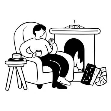 A person sitting comfortably in a cozy chair, holding a white ceramic cup filled with a latte. The chair is positioned in front of a large, roaring fireplace, with flames clearly visible. A warm blanket is draped over one arm of the chair. The surrounding area is decorated with a few books on a small wooden table beside the chair. There are logs stacked neatly beside the fireplace. The ambiance is filled with the soft glow of the firelight.