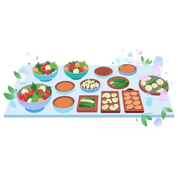 A long buffet table is filled with an array of vibrant salads in large, colorful bowls. Each salad features a mix of leafy greens, cherry tomatoes, cucumbers, and a variety of dressings served in small jars. Next to the salads, there are platters of grilled vegetables, including zucchini, bell peppers, and eggplant, all glistening with a light drizzle of olive oil. There are also several wooden trays holding an assortment of plant-based dishes, such as quinoa bowls, lentil patties, and stuffed bell peppers. The table is decorated with greenery and small decorative elements that enhance the fresh, inviting atmosphere of the buffet.