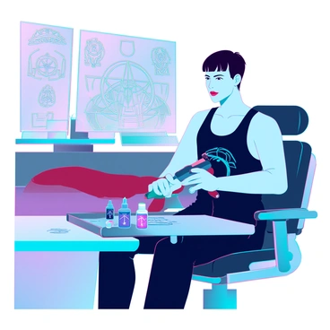 A tattoo artist with short black hair and wearing a black tank top is focused on inking an intricate occult symbol on a client's arm. The client has light skin and is seated comfortably in a modern tattoo chair, their arm extended and resting on a cushioned surface. The tattoo artist is using a high-tech tattoo gun, with several colorful ink bottles visible on a nearby table. The background features sleek, futuristic decor with ambient lighting, showcasing a variety of tattoo designs on the walls. The occult symbol being inked is detailed, with sharp angles and a blend of geometric shapes, appearing prominently on the client's arm.