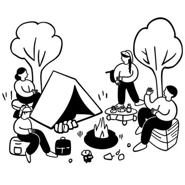 A family gathered around a campsite, with each member wearing a bandana tied around their heads for shade. The foreground features a large tent set up with camping gear scattered nearby, including a cooler and backpacks. In the background, a campfire is crackling with flames, surrounded by several logs used as seating. Trees provide a natural canopy overhead, while a picnic table displays an array of snacks and drinks. One family member is in the process of roasting marshmallows, while another is setting up a lantern. The atmosphere conveys a sense of togetherness and outdoor adventure.