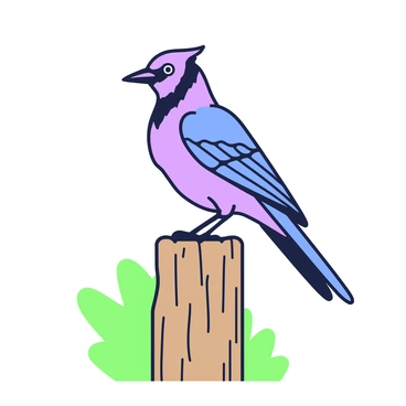 A blue jay is perched on a wooden fence post. The bird has prominent blue feathers with distinctive black markings on its head and wings. The fence post is rugged, with visible wood grain and knots. The background features a hint of greenery, with blurred leaves suggesting foliage nearby. The scene captures the bird in profile, showcasing its elegant tail and sharp beak. The overall composition emphasizes the blue jay's vivid plumage against the natural textures of the fence post.