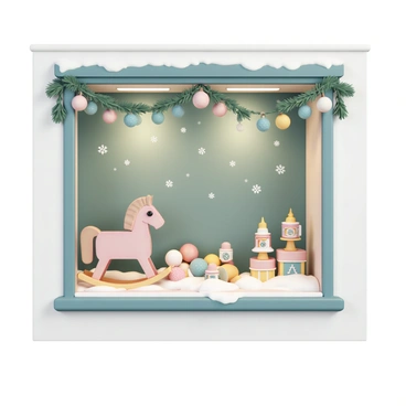 A shop window filled with vintage toys, including a classic wooden rocking horse, a collection of tin robots, and colorful marbles. Delicate snowflakes are dusted on the toys and decorations, creating a wintery effect. The window frame is adorned with festive garlands, and soft warm lights illuminate the scene, highlighting the intricate details of the toys. The background features a light snowfall, enhancing the cozy atmosphere of the toy shop.