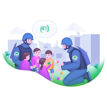 A modern pastel illustration depicting NATO peacekeepers engaging with children in a conflict zone. The scene shows two peacekeepers in blue helmets and uniforms, kneeling down to talk to a group of smiling children. The children, wearing simple clothing, are gathered around the peacekeepers, some holding small toys. A backdrop of damaged buildings and debris can be seen, highlighting the area’s challenging environment. Soft colors are used to portray the peacekeepers and children, creating an atmosphere of hope amid adversity.