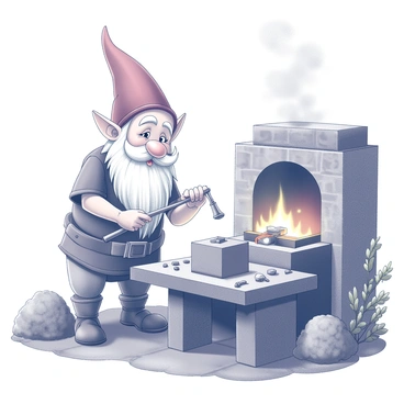 A vintage gnome blacksmith is busy at work in a woodland forge. He has a long, bushy white beard and a pointed red hat. The gnome is standing next to a wooden workbench filled with various tiny tools that he is crafting. He is holding a small hammer in one hand while an anvil sits nearby. The forge has a stone structure with a roaring fire and thick smoke rising into the air. Surrounding the forge, there are trees and bushes, adding to the natural woodland setting. The scene captures the intricate details of the gnome's craftsmanship and the cozy atmosphere of his workshop.