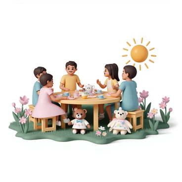 A beautifully arranged garden tea party scene. A wooden table is set with colorful teacups and plates of cupcakes and sandwiches. Several children, wearing pastel-colored dresses and shirts, are seated around the table, smiling and animatedly chatting. A couple of teddy bears, dressed in tiny outfits, sit at the table as well, with one bear wearing a blue bowtie and another wearing a floral dress. The sun shines brightly, casting warm light over the lush green grass and vibrant flowers surrounding the setting.